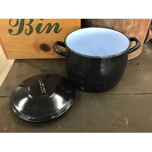 VINTAGE Black & Blue Enamelware Pot w Lid & Handles 