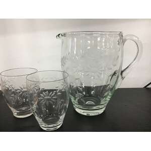 VINTAGE Hand Blow Hand Cut Jug w 2 Glasses - Floral Pattern 