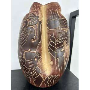 Vintage Midcentury Earthenware Pottery Vase - Birds & Woman - Da Jing Tao Yi