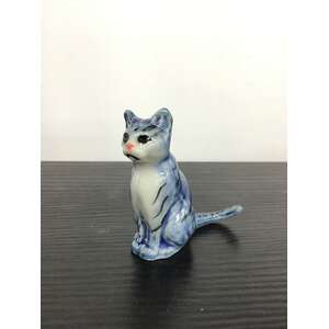 Ceramic Cat Ornament - Sitting - Blue & White Tabby - 3.8 cm