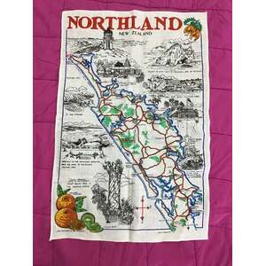 VINTAGE Souvenir Tea Towel - Northland NZ - Pictorial Map - Derek 1984