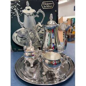 VINTAGE Silver-coloured Coffee Set - 4 Piece - Coffee Pot Jug Sugar & Tray - Hong Kong NIB