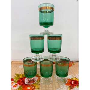 Vintage Green & Gold Aperitif Glass Set x 6 - Geometric Inca