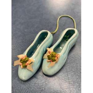VINTAGE Ceramic Ballet Slippers Hanging Ornament - Blue With Green Flower