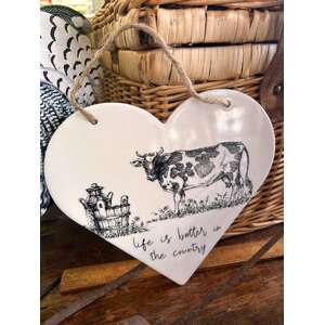 Life is Better in the Country - Cow - Ceramic Heart Hanging Sign