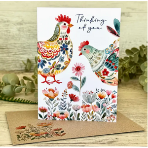 Folk Art Chicken Thinking of You Card - Handmade