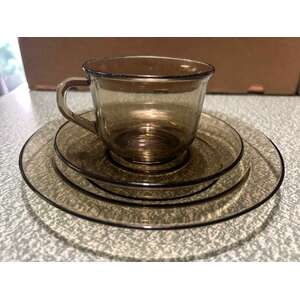VINTAGE Arcoroc France Smoked Glass Tea Cups & Saucer Trio