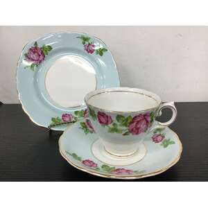 Colclough Bone China Tea Cup Trio - Blue w Pink Roses