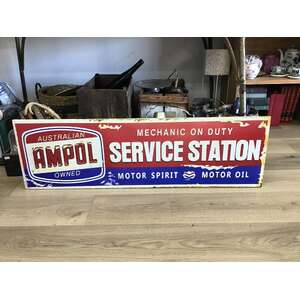 Ampol Service Station Sign - 100 cm x 30 cm - Framed Tin Reproduction