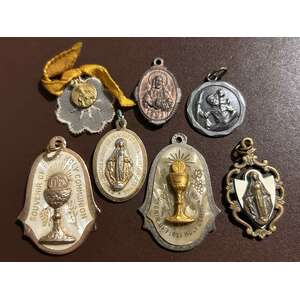 VINTAGE Lot of 7 Religious Pendants - Holy Communion Virgin Mary St Christopher Sacred Heart