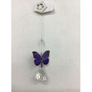 Hanging Crystal Suncatcher - Purple Azure Butterfly w Sphere & Beads