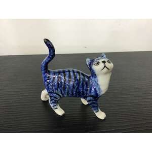 Ceramic Cat Ornament - Standing - Blue & White Tabby - 7 cm