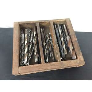 VINTAGE Drill Bits in Wooden Storage Box 