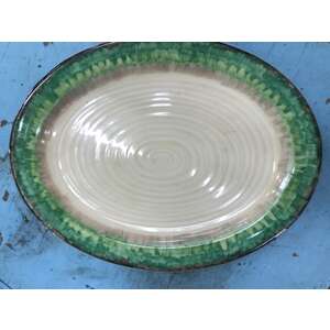 Clarice Cliff Bizarre Oval Dining Plate - Green Edge, Ribbed Texture