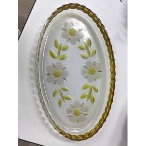 1970's Walther Glass Oval Dish | Yellow & Clear Floral Design