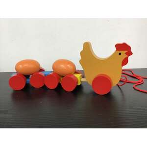 Wooden Pull Along Chicken w Eggs Toy 