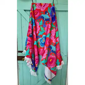 Anna Chandler Retro Fringed Beach Towel | Birds & Roses Hot Pink & Blue 