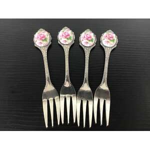 VINTAGE Cake Forks w Ceramic Pink Rose Cabachons | Lot of 4