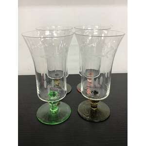 VINTAGE Etched Drinking Glass with Coloured Bases | Lot of 4