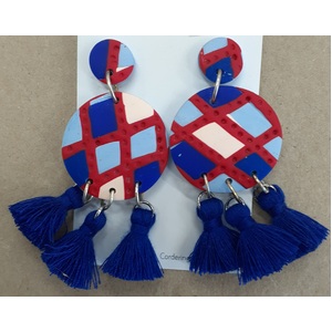 Polymer Earrings - Dangle - Blue Red Tassel