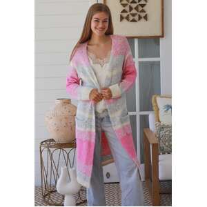 Wool Blend Longline Cardigan | Pink Grey Stripe | S/M