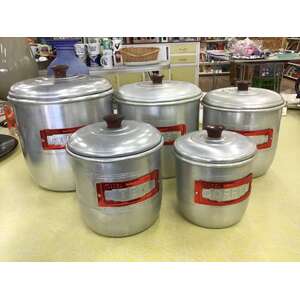 VINTAGE Model Maid Graduated Canister Set | Red Anodised Labels & Bakelite Lids