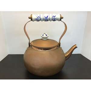 VINTAGE Copper Kettle w Blue & White Ceramic Handle