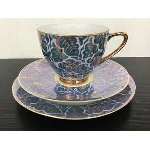 VINTAGE Blue Leaf Lustreware Tea Cup Trio Japan 