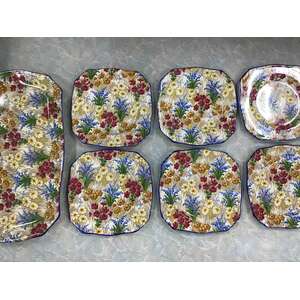Royal Winton Marguerite Chintz Sandwich Set | 7 Pc | Blue Trim