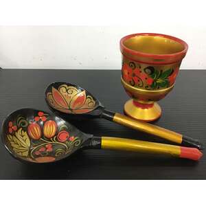 VINTAGE Russian Khokhloma Spoons & Bowl | Hand Painted Folk Art 