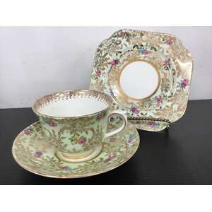 VINTAGE Colclough Green Floral Chintz Tea Cup Trio 
